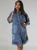 K Large Size Women's New Denim Ripped Tassel Short Sleeved Lapel Dress_mkmklike.com