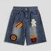 Men's Summer Thin Loose Denim Shorts High Street Style American Trendy And Cool Five Point Embroidery with Hamburger Fries Towel_mkmklike.com