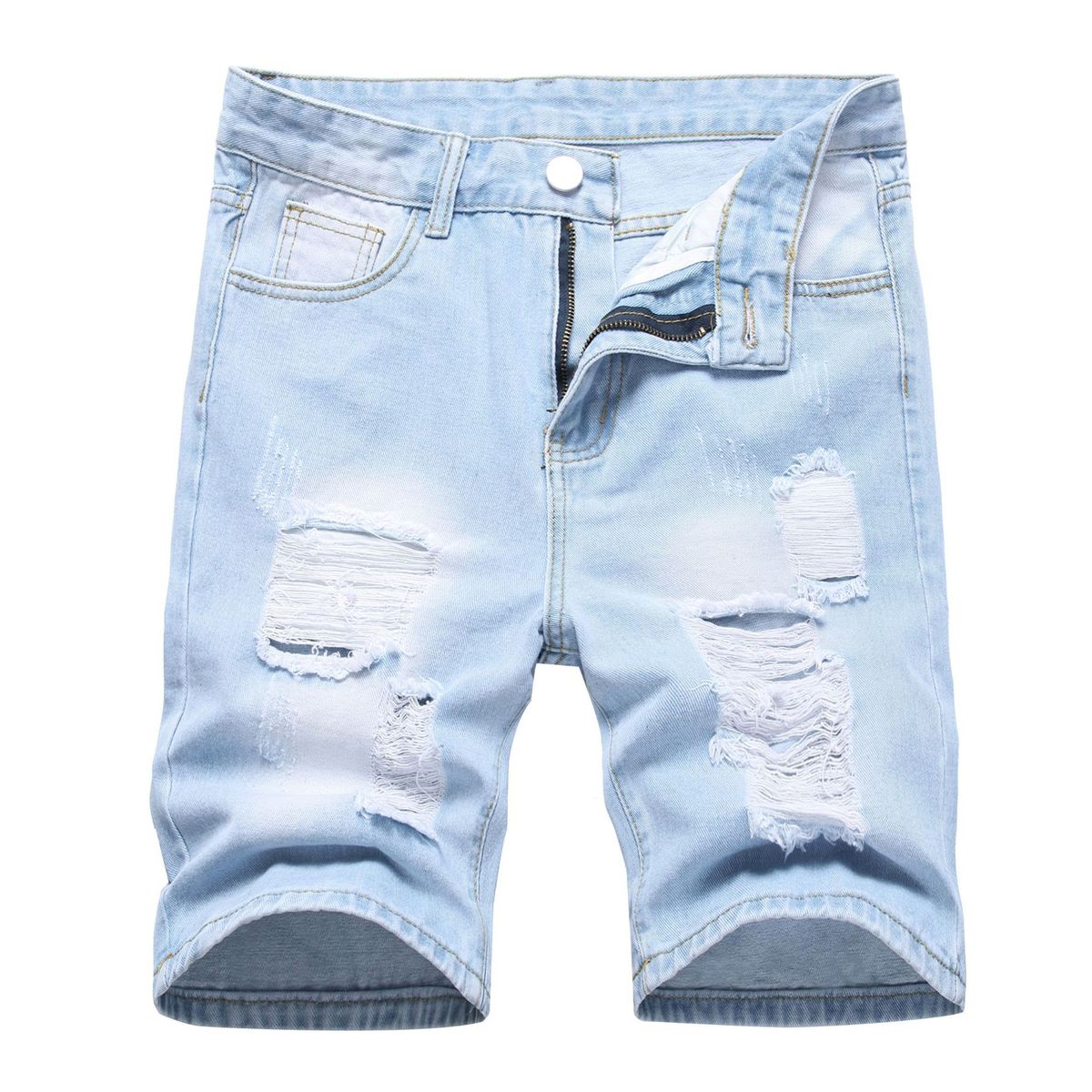 Men's Distressed Denim Shorts - Casual 5-Inch Cargo Shorts With Hand-Ripped Details, Cotton Blend, Multi-Pocket Design For Streetwear & Urban Fashion_mkmklike.com