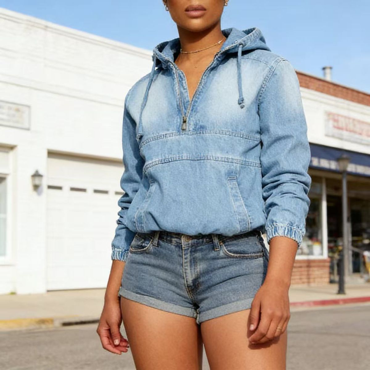 Women's Casual Denim Washed Hooded Bomber Jacket Fashionable All Year Round Sports Fitness_mkmklike.com