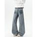 Men's American Style Washed Bamboo Pattern Curved Jeans Loose Fitting Retro Trendy Straight Leg Wide Leg Floor Length Trousers_mkmklike.com