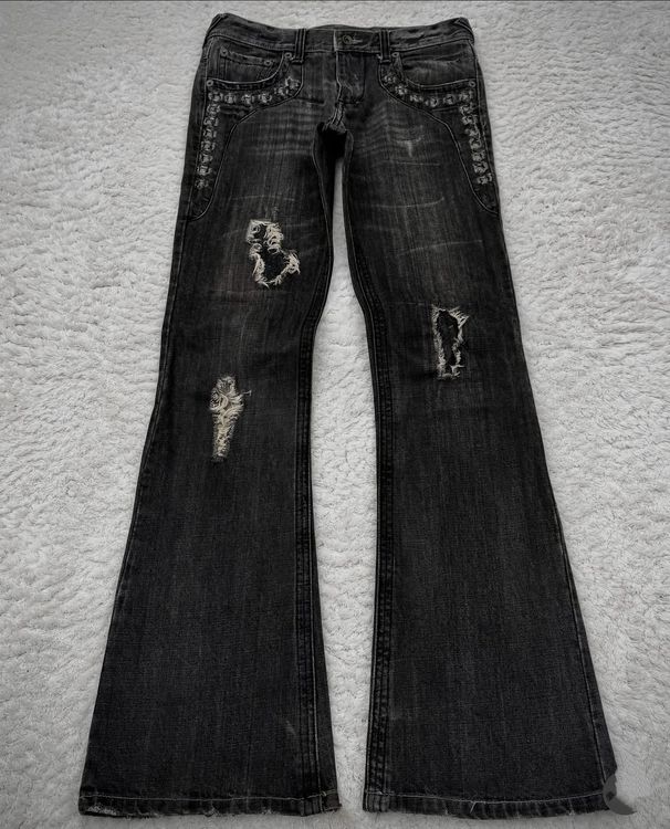 Vintage Gothic Washed Denim Jeans For Men & Women - High Waist Flared Bell Bottoms With Distressed Details - Streetwear Fashion_mkmklike.com