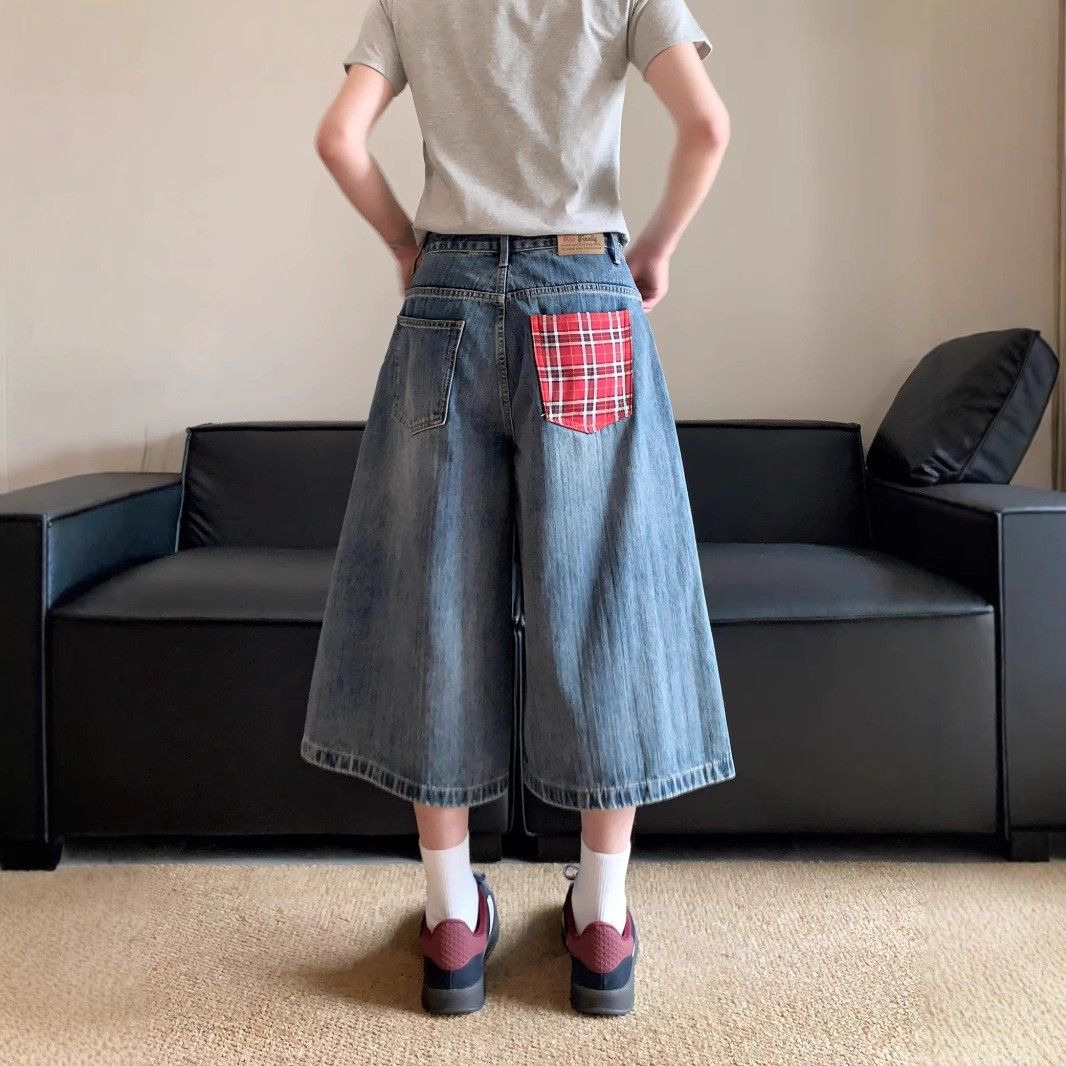 Men's Clothing Plaid Patchwork Denim Shorts New Style Niche High Waist Loose Versatile Slim Straight Leg Cropped Pants Trend_mkmklike.com