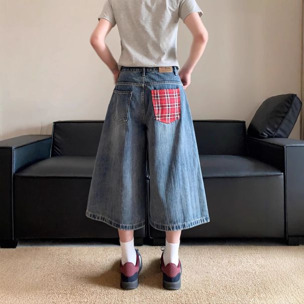 Men's Clothing Plaid Patchwork Denim Shorts New Style Niche High Waist Loose Versatile Slim Straight Leg Cropped Pants Trend_mkmklike.com