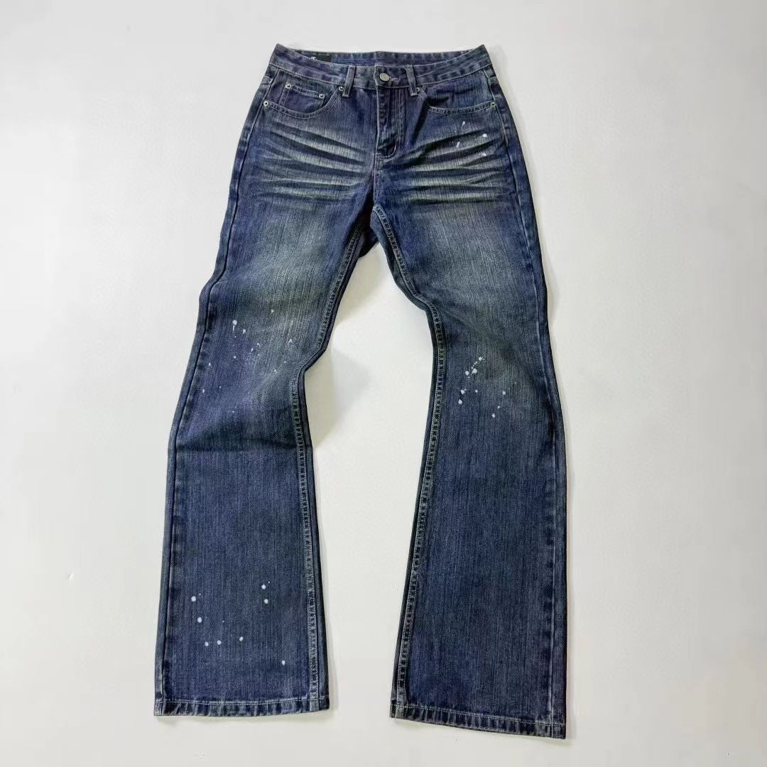 Cleanfit Vintage Washed Jeans – Distressed Bootcut Denim Pants With Splatter Paint Effect_mkmklike.com