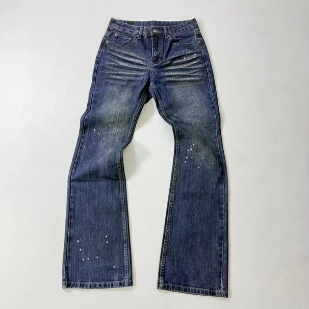 Cleanfit Vintage Washed Jeans – Distressed Bootcut Denim Pants With Splatter Paint Effect_mkmklike.com