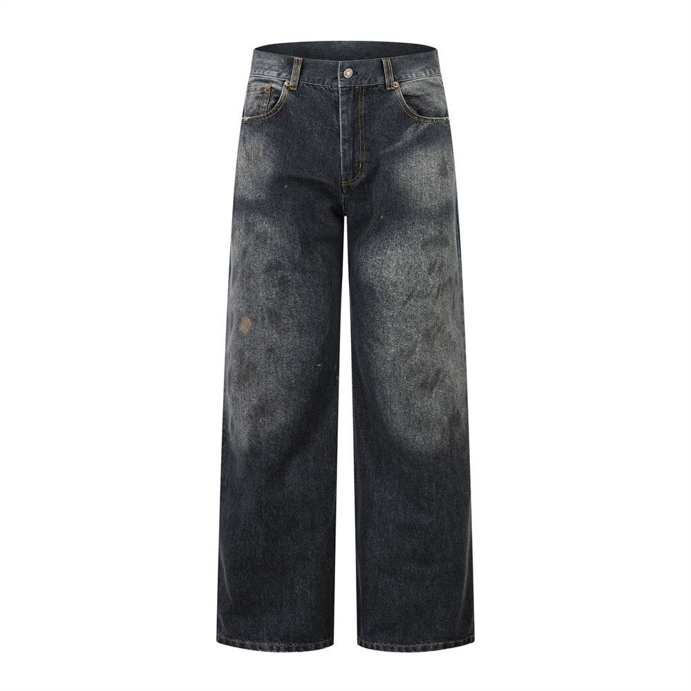 High Street Punk Washed Distressed Jeans Trendy Brand Niche Loose Wide-Leg Straight Long Men's Vintage Stained Pants_mkmklike.com