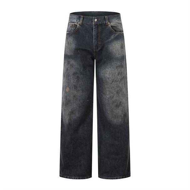 High Street Punk Washed Distressed Jeans Trendy Brand Niche Loose Wide-Leg Straight Long Men's Vintage Stained Pants_mkmklike.com