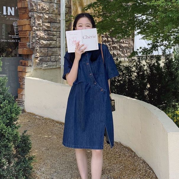 Denim Blue Dress For Women's Summer 2025 New Style, Small Skinny, Covering The Stomach, Loose And Casual, Medium To Long_mkmklike.com