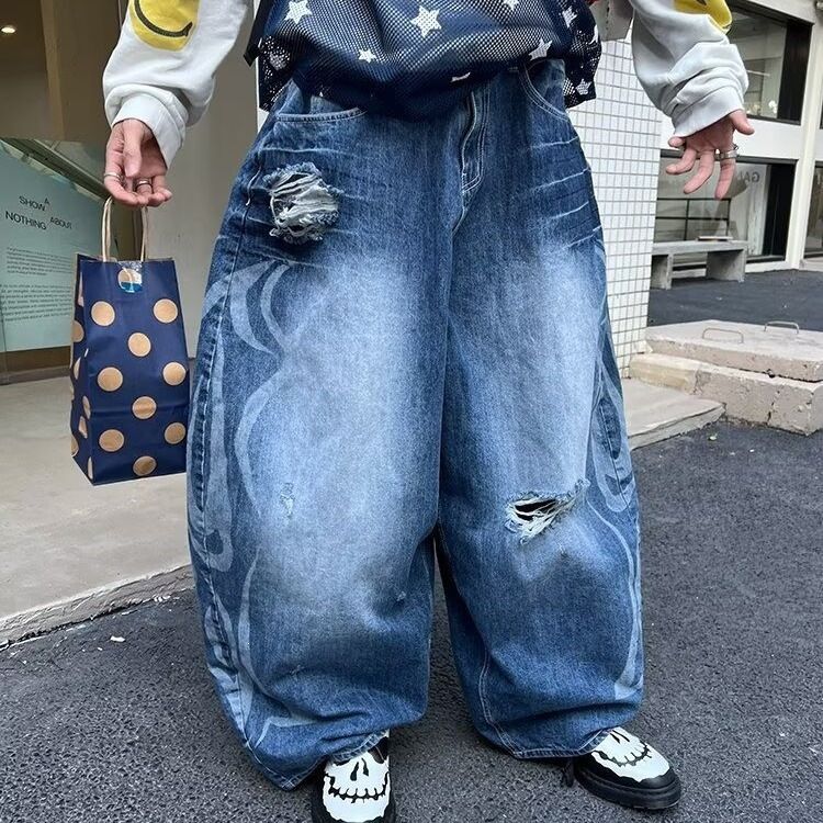 Men's Clothing Men's High Street Style Distressed Jeans Wide Leg Pants Loose Fit High End Floor Length Trousers Trendy Spring_mkmklike.com