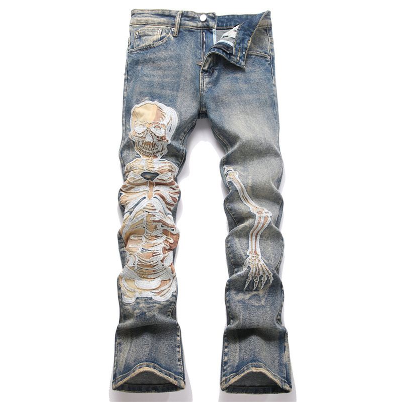 Men's Slim Fit Stretch Denim Jeans With Embroidered Skull Design, Retro Vintage American Style, Slight Flare Leg_mkmklike.com