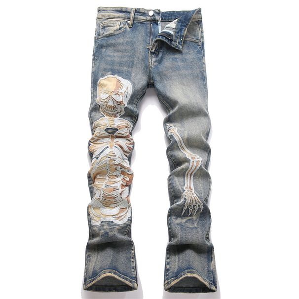 Men's Slim Fit Stretch Denim Jeans With Embroidered Skull Design, Retro Vintage American Style, Slight Flare Leg_mkmklike.com