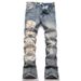 Men's Slim Fit Stretch Denim Jeans With Embroidered Skull Design, Retro Vintage American Style, Slight Flare Leg_mkmklike.com