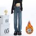 Women's Clothing High-Waisted Fleece Lined Thickened Denim Jeans Warm Wide Leg Slimming Straight Leg Loose Fitting Long Pants For Autumn Winter_mkmklike.com