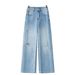 Light Blue Ripped Wide Leg Jeans Street Style High Waisted Slimming Trendy Straight Leg Trousers For Women Summer Commuting_mkmklike.com