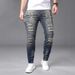 Cross-Border High-End Foreign Trade Jeans Blue Gradient Frayed Stretch Slim Fit Straight-Leg Washed Casual Men's Long_mkmklike.com