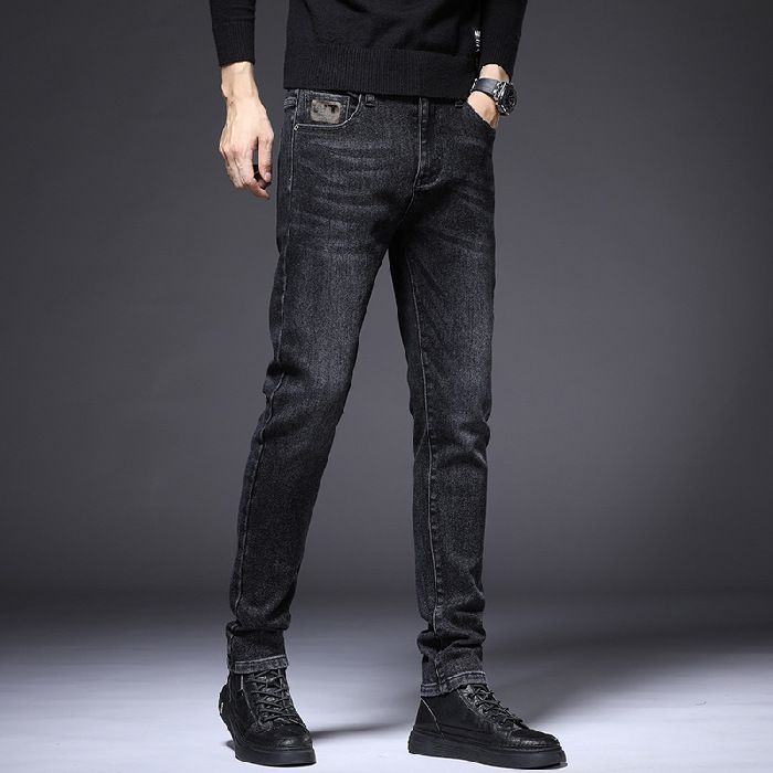 Autumn Winter New Men's Jeans Stretch Slim Fit Korean Style Trendy Dark Color Youth Slimming Casual Long Pants_mkmklike.com