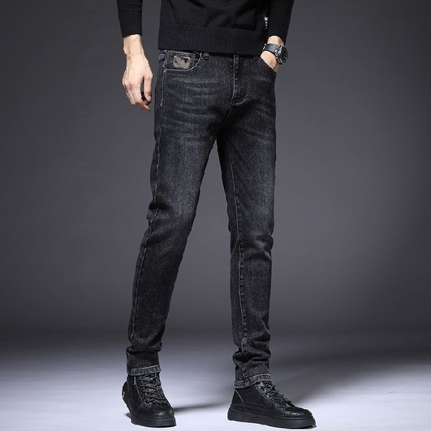 Autumn Winter New Men's Jeans Stretch Slim Fit Korean Style Trendy Dark Color Youth Slimming Casual Long Pants_mkmklike.com