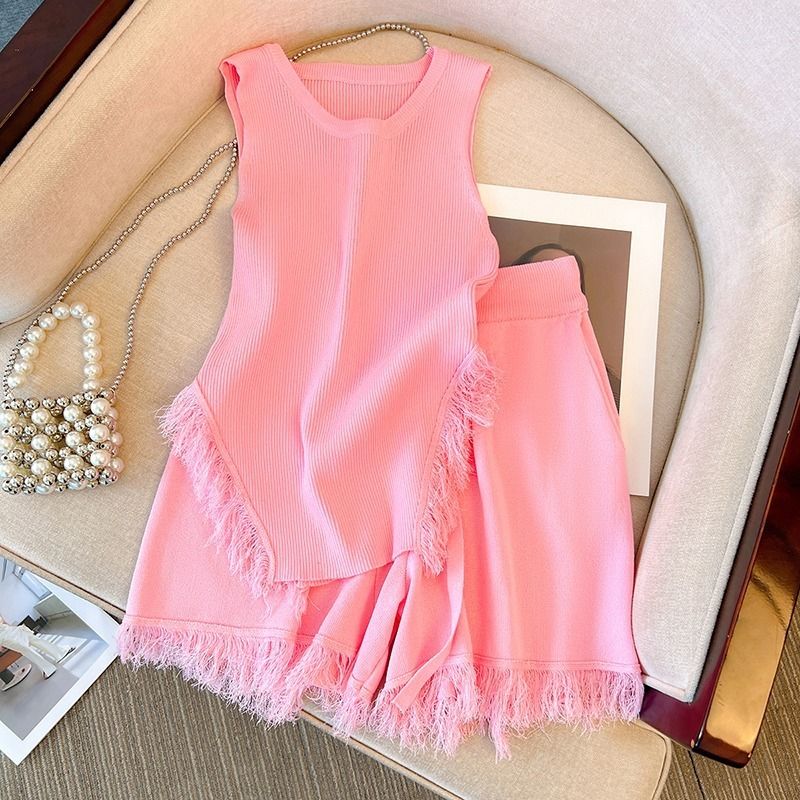 Women's Clothing Sweet and Spicy Style Top Suit Women's Pink Tassel Knitted Small Camisole + High Waist Wide Leg Casual Shorts_mkmklike.com