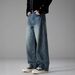 Men's Blue Wide Leg Jeans Retro Distressed Vintage Loose Straight Leg Trousers Mid Waist Long Curved Pants With Slight Stretch_mkmklike.com