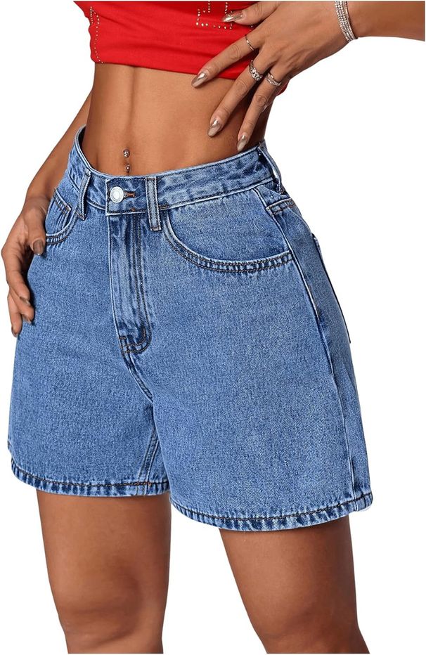 Classic Blue Denim Shorts For Women - Mid-Rise Straight Leg Summer Shorts With Button Detail, Comfort Stretch_mkmklike.com