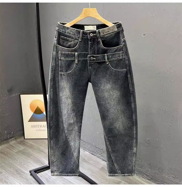 Men's Clothing Men's Patchwork Design Curved Blade Jeans Trendy Brand Washed Loose Straight Leg Wide Leg Jeans Spring Autumn_mkmklike.com