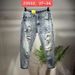 Men's Clothing Ripped Nine Point Jeans Thin Style Trendy Brand Slim Fit Skinny Pants_mkmklike.com