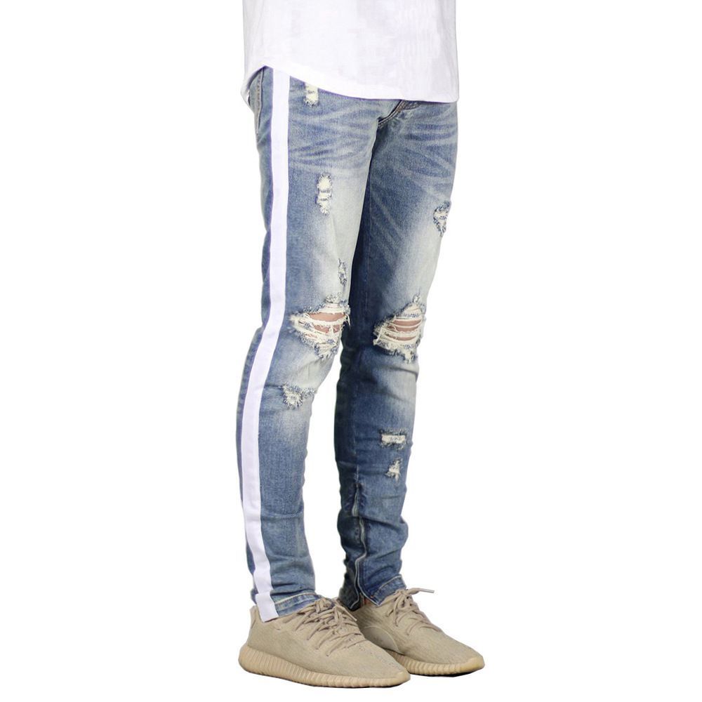 Ripped Striped Locomotive Jeans, New Men's Slim-fitting Small Foot Zipper, High Street Trendy Brand European And American Patch Trousers_mkmklike.com