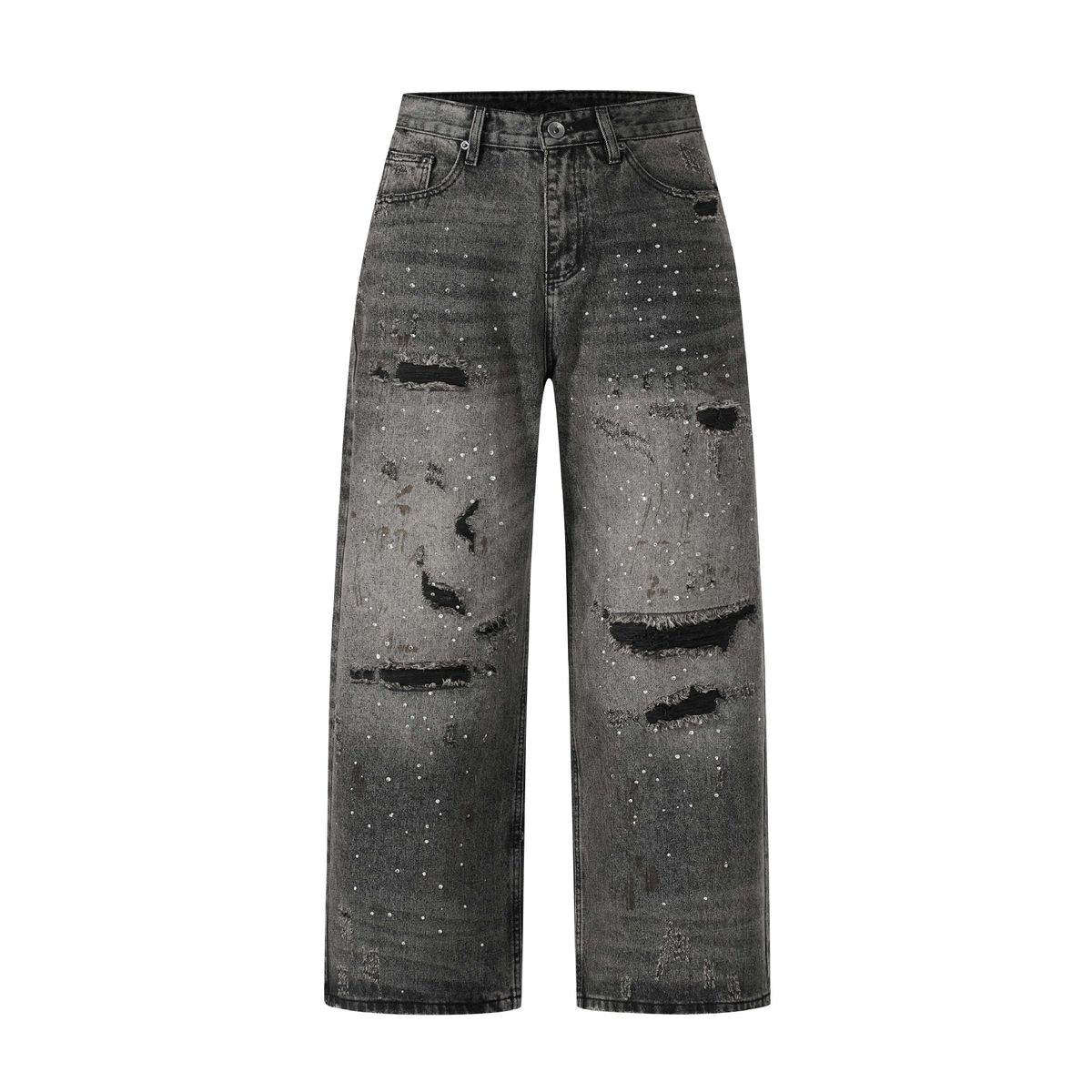 Men's Clothing Men's Streetwear Rhinestone Jeans – Distressed Loose Fit Denim Pants With Hand-Painted Washed Effects (S-3XL, Mid-Rise, No Stretch)_mkmklike.com