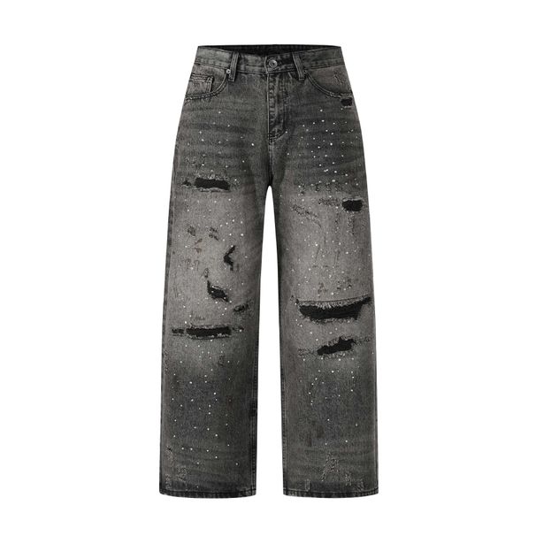Men's Clothing Men's Streetwear Rhinestone Jeans – Distressed Loose Fit Denim Pants With Hand-Painted Washed Effects (S-3XL, Mid-Rise, No Stretch)_mkmklike.com