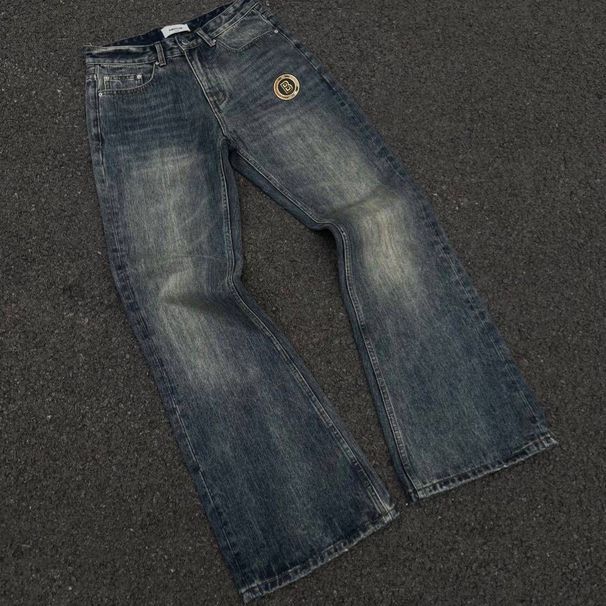 Vintage Washed Denim Flared Pants - Retro High-Waisted Bootcut Jeans For Men & Women, Distressed Detailing, Classic Blue (S-XXXL)_mkmklike.com