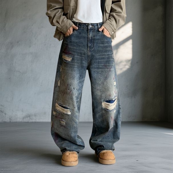 Men's Distressed Denim Jeans – Oversized Straight Leg, Vintage Blue Wash With Fake Rips (S-3xl) – Streetwear Style_mkmklike.com