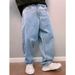 Retro Light Blue Wide Leg Dad Jeans For Men Trendy Heavily Washed Slimming Loose Fit Version_mkmklike.com
