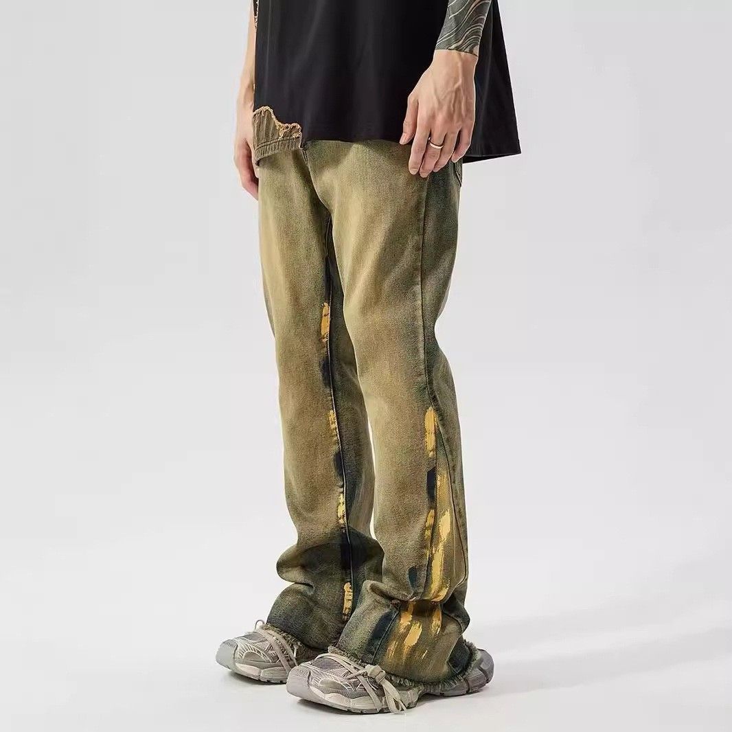 Men's Streetwear Vintage Washed Denim Jeans - High Waist Loose Fit Flare Pants With Splatter Paint Design_mkmklike.com