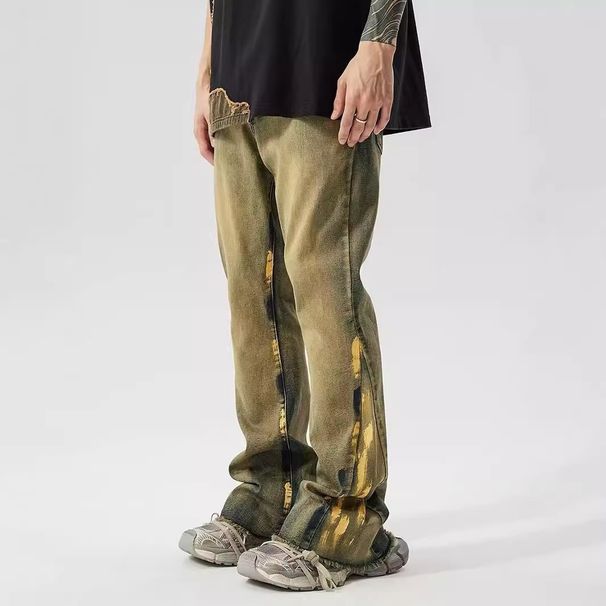 Men's Streetwear Vintage Washed Denim Jeans - High Waist Loose Fit Flare Pants With Splatter Paint Design_mkmklike.com