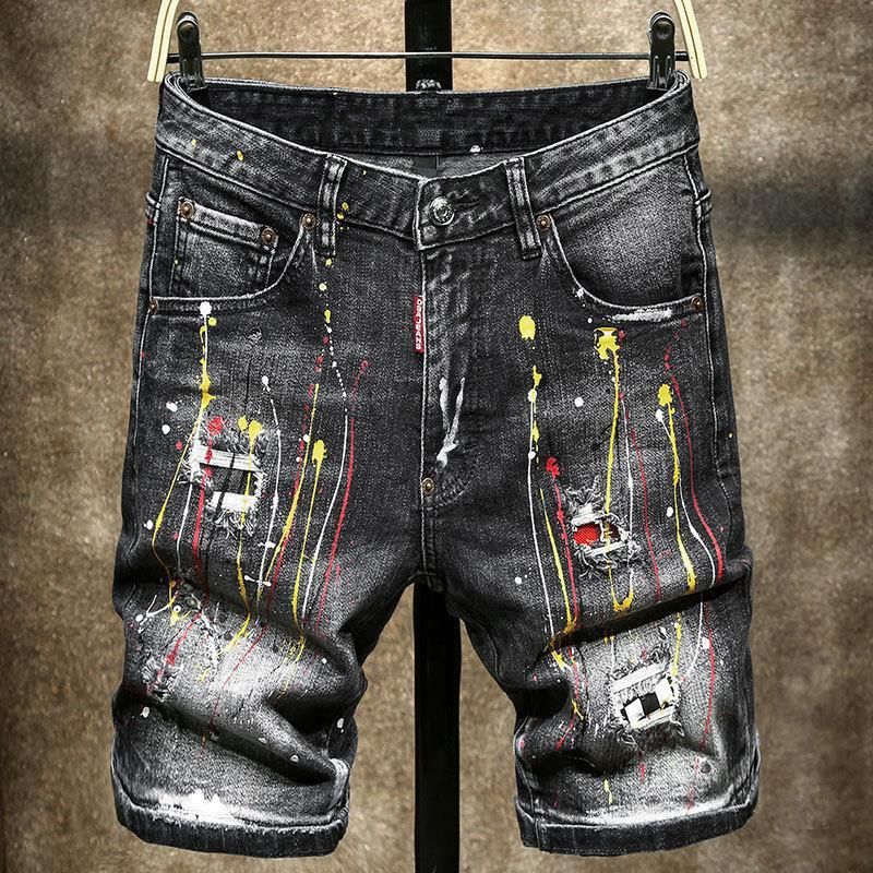 Men's Distressed Paint Splatter Patchwork Stretch Denim Jeans - Black Casual Streetwear D2 Style With Embroidery (Sizes 28-38)_mkmklike.com