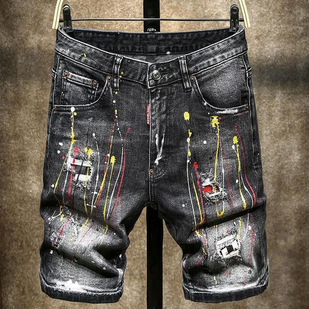 Men's Distressed Paint Splatter Patchwork Stretch Denim Jeans - Black Casual Streetwear D2 Style With Embroidery (Sizes 28-38)_mkmklike.com