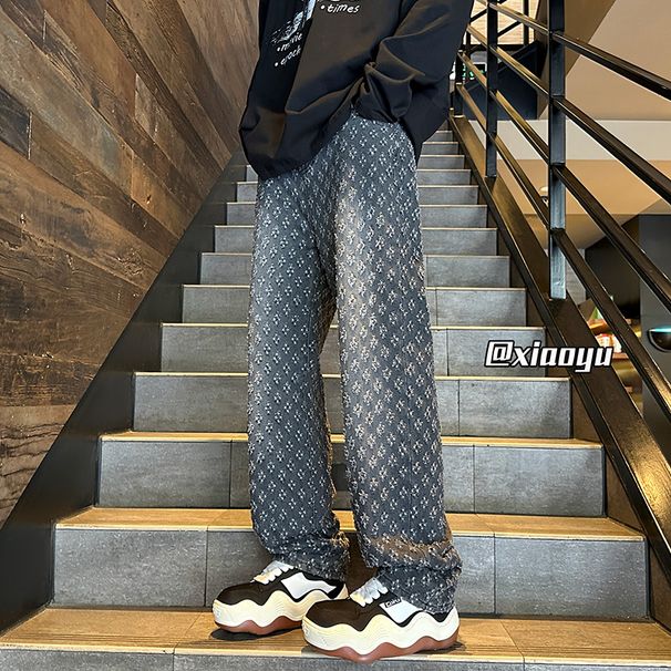 Men's Straight Leg Jeans Blue Jacquard All over Print Trendy Summer Design Niche Style American High Street Vibe Pants_mkmklike.com