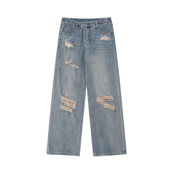 Distressed Washed Jeans For Men Street Style Loose Straight Wide-Leg Casual Dad Pants Floor-Length Trousers_mkmklike.com