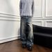 Unisex Casual Straight Leg Denim Jeans mid Waist Distressed Pleated Loose Fitting Long Culottes Blue Zipper Fly Kpop Normcore Minimalist_mkmklike.com