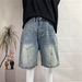 Men's Relaxed Fit Denim Shorts Front Back Splicing Design American Retro Style Loose Straight Leg Washed Distressed Five Point Length_mkmklike.com
