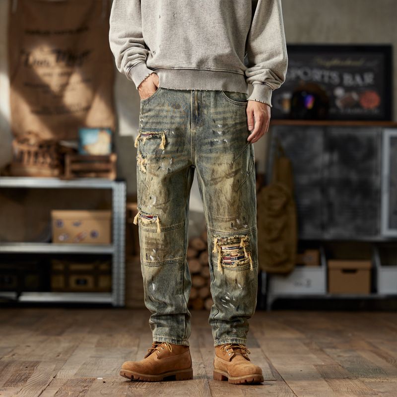 Vintage American Retro Trendy Brand Long Pants 2024 Autumn Winter New Loose Personality Ripped Patch Harem Jeans For Men_mkmklike.com