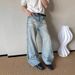 Vintage Light Blue Distressed Flared Jeans For Men - High Waist Wide Leg Denim Pants With Whisker Wash & Comfort Fit_mkmklike.com