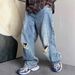 Men's Clothing Spring And Summer Casual Retro Light Blue Ripped Jeans Men's Straight Loose Trendy Tapered Pants_mkmklike.com