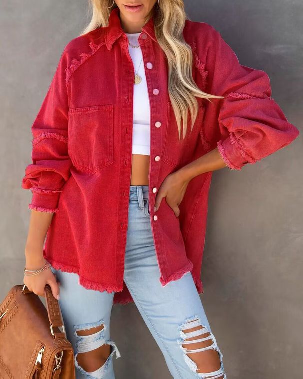 Women's Clothing Summer Casual Distressed Denim Jacket Tassels Ripped Details_mkmklike.com