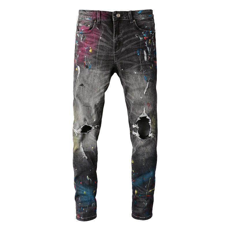 Men's Clothing High Street Ripped Jeans Men's Ink Splashed Pants Men's Street Graffiti Spray Paint Ripped Jeans Stretch Slim Fit 5636_mkmklike.com