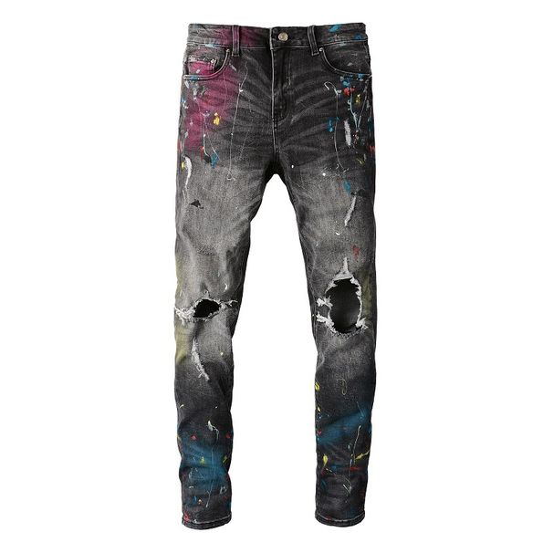 Men's Clothing High Street Ripped Jeans Men's Ink Splashed Pants Men's Street Graffiti Spray Paint Ripped Jeans Stretch Slim Fit 5636_mkmklike.com
