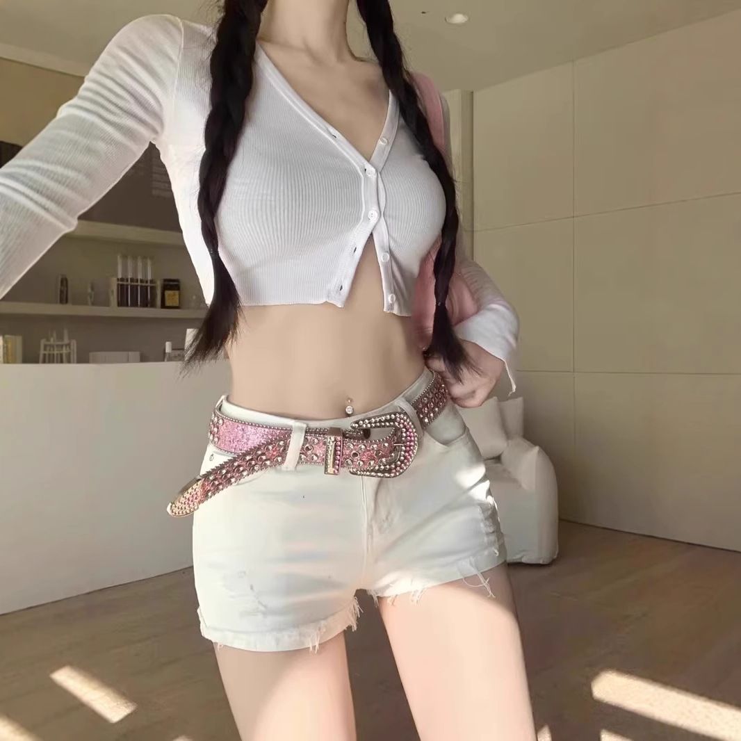 White Slim Fit Ripped Denim Shorts for Women Summer Style Sexy Hot Girl Straight Leg A-Line Bodycon Hot Pants_mkmklike.com