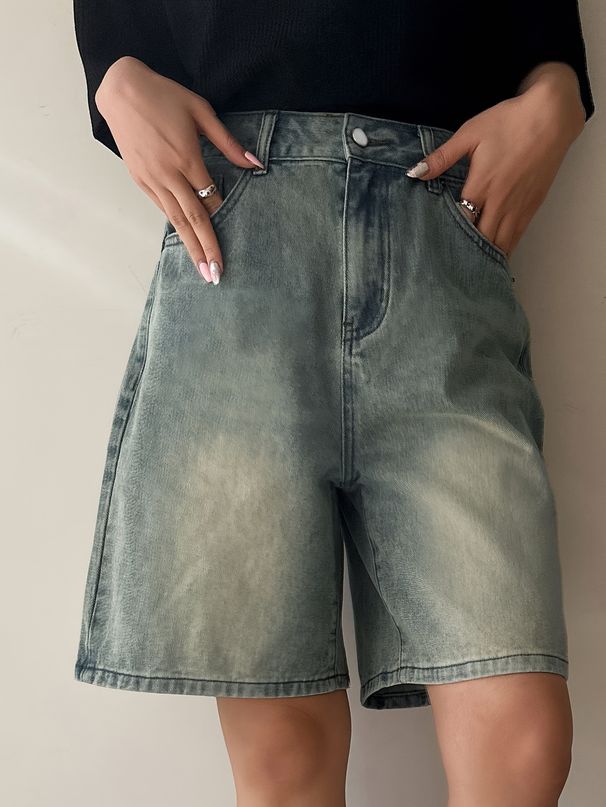 K Vintage Denim Shorts For Women, High Waisted, Loose Fitting, Straight Leg, A-line Wide Leg, Mid Length Shorts, Cropped Pants_mkmklike.com