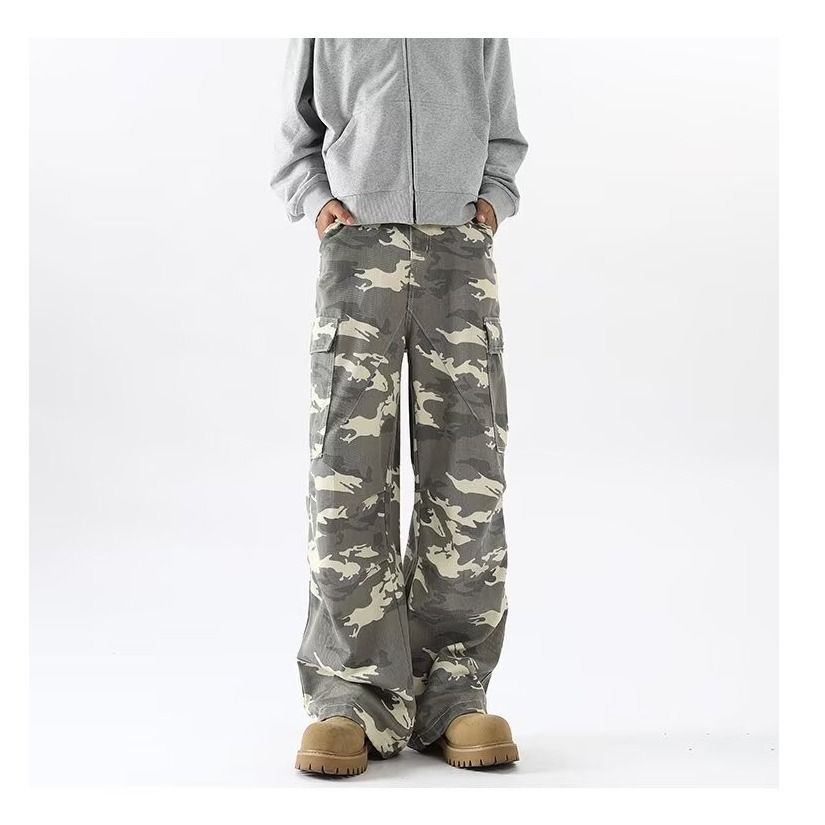 Unisex Camouflage Jeans Retro American Style with Large Pockets Trendy High Street Straight Leg Loose Fit Casual Wide Leg_mkmklike.com
